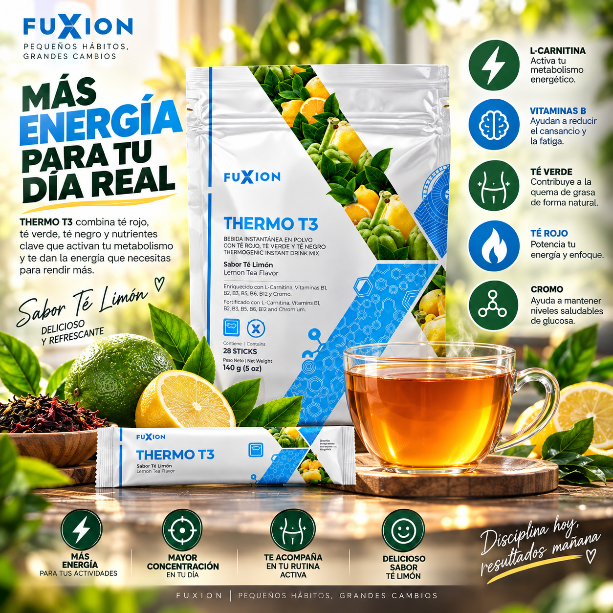Thermo T3 de Fuxion: empaque, stick individual y taza de té limón