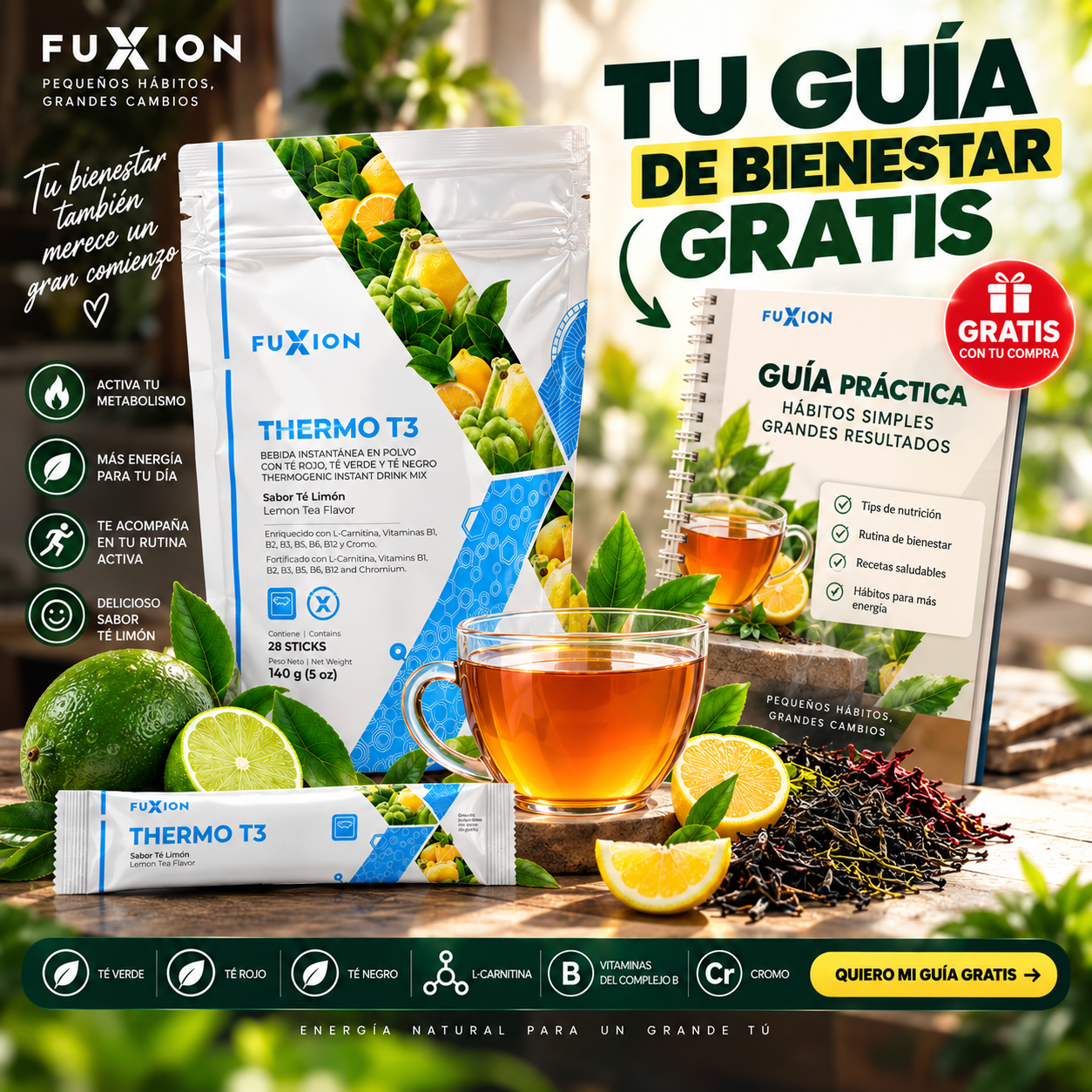 Thermo T3 con su empaque, un stick individual, una taza de té y la guía práctica de hábitos de Fuxion